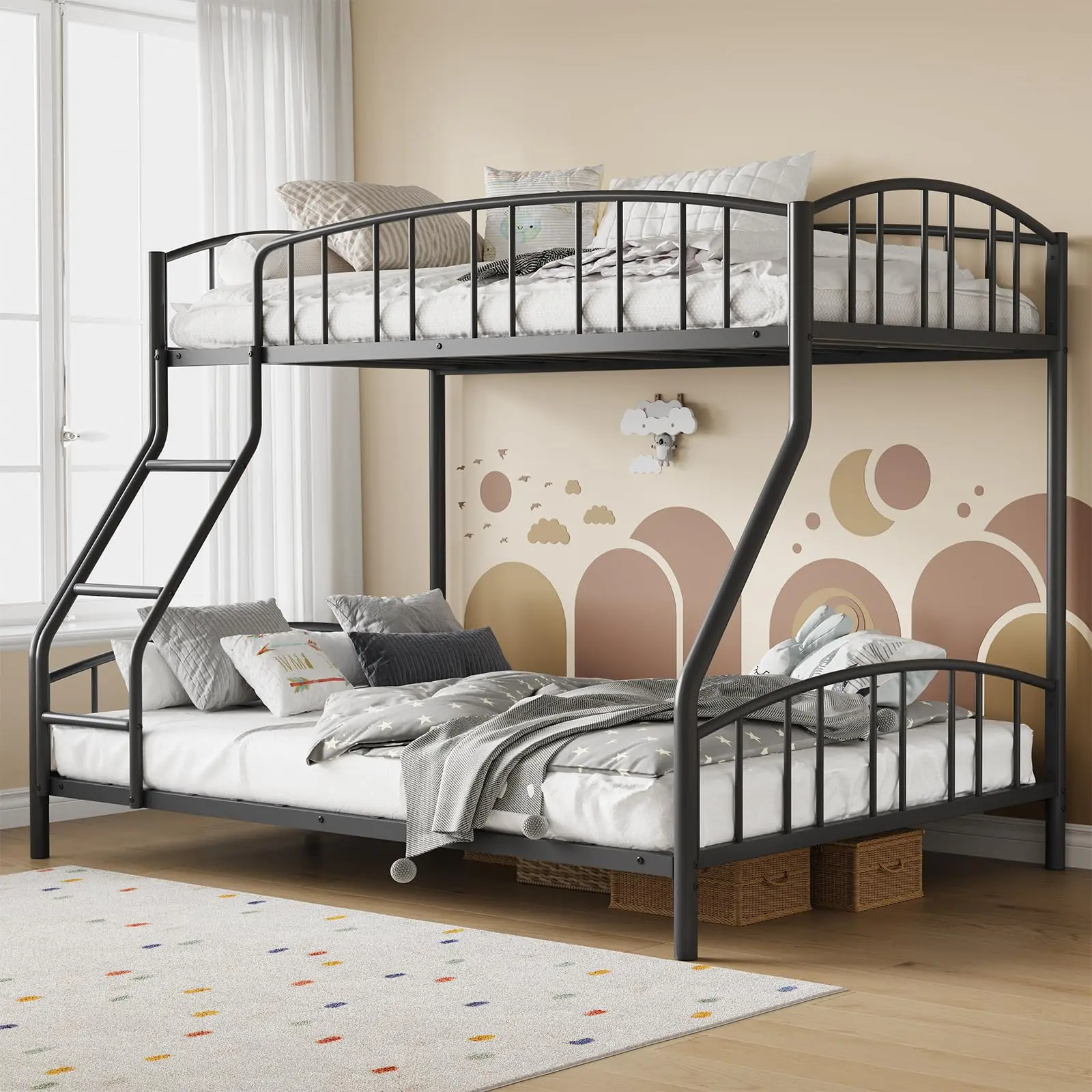 YJ-Garvee Twin over Full Bunk Bed with Ladder & Arched Guardrail Heavy Duty Frame Sturdy Steel Slats Space-Saving Design No Box Spring Needed Black Pink White
