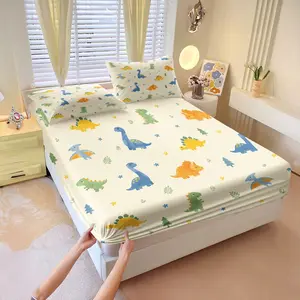 3Pcs Adorable Cartoon Dinosaur Natural Element Print Fitted Sheet Set, Trendy Print Machine Washable, Smooth Comfortable Easy Care, Decor For Kids Room & Homestay, Perfect Gift For Birthday & Holiday