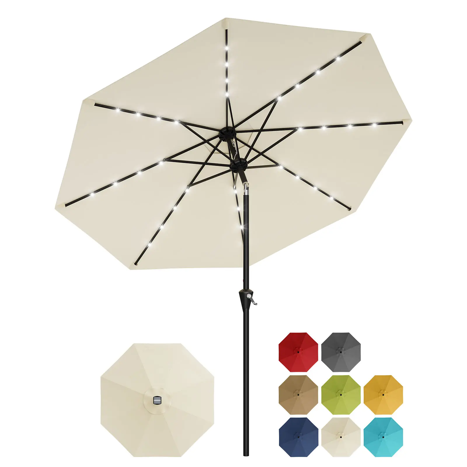 GAOMON 9FT Solar Patio Umbrella with 32 LED Lights – Outdoor Waterproof Sunshade – UV Protection, 8 Sturdy Ribs, Crank Lift & Tilt – Ideal for Patio, Garden, Deck, Pool