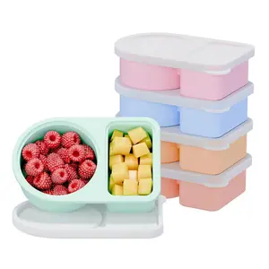 5 Packs Silicone Snack Containers, 2 Compartments Reusable Snackle Box with Leak Proof Container, 8 oz, Rainbow Food Storage, Stackable Lunch Container