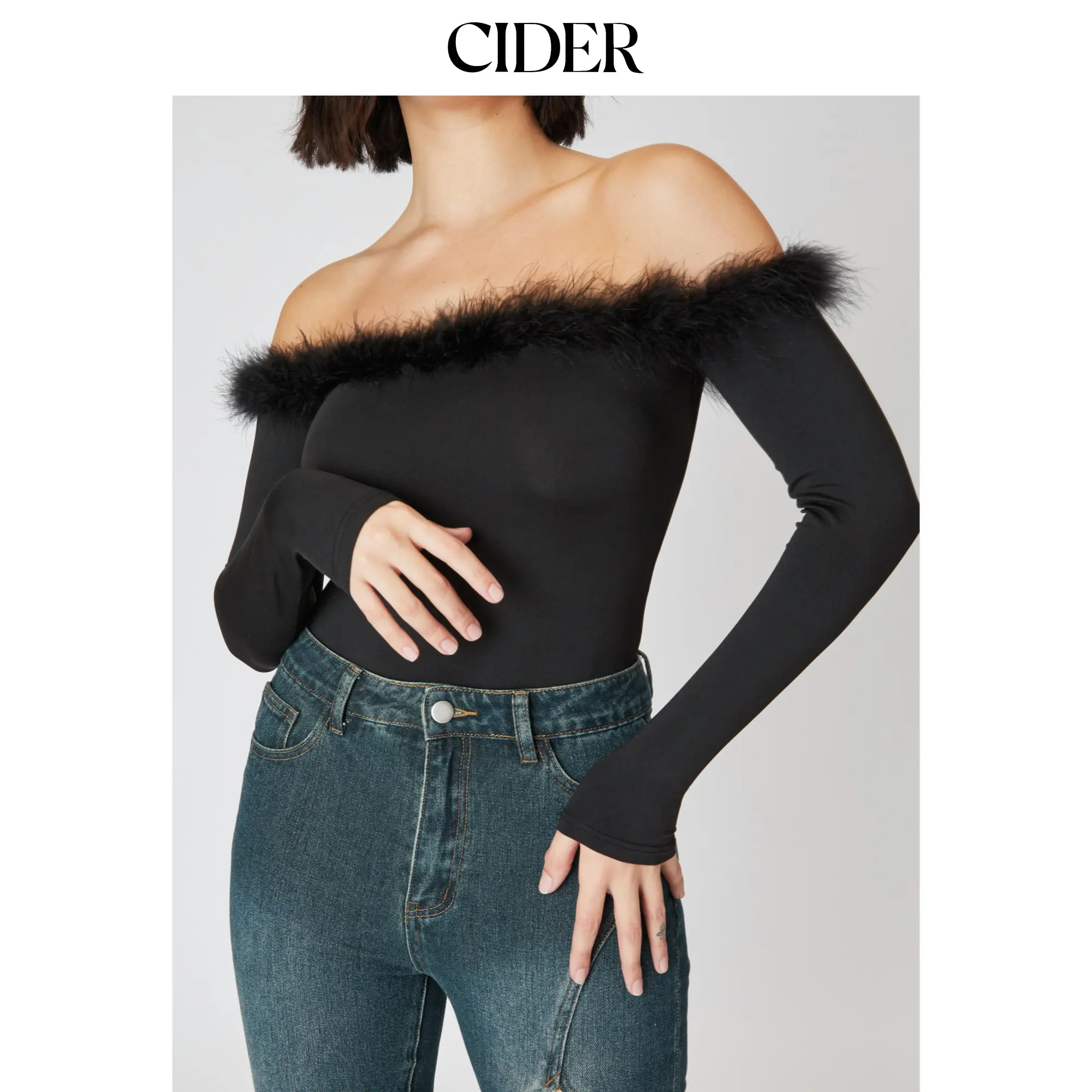 Cider [size 2-10] Solid Off-shoulder Fluffy Knitted Bodysuit