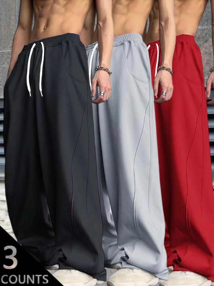 Y2K Men's 3-Pack Wide Leg Sweatpants - Black, Grey & Navy Blue - High Street Loose Fit Joggers with Drawstring Waist & Side Pockets - Lightweight Fabric - Perfect for Streetwear, Casual, Daily Wear - S-3XL Sizes