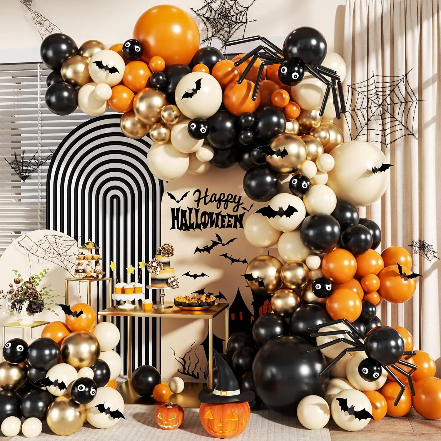 Halloween Balloons Arch Kit for Halloween Decorations Indoor| Orange and Black Balloons Arch Kit with Star 3D Bat for Halloween Birthday Decorations,140Pcs