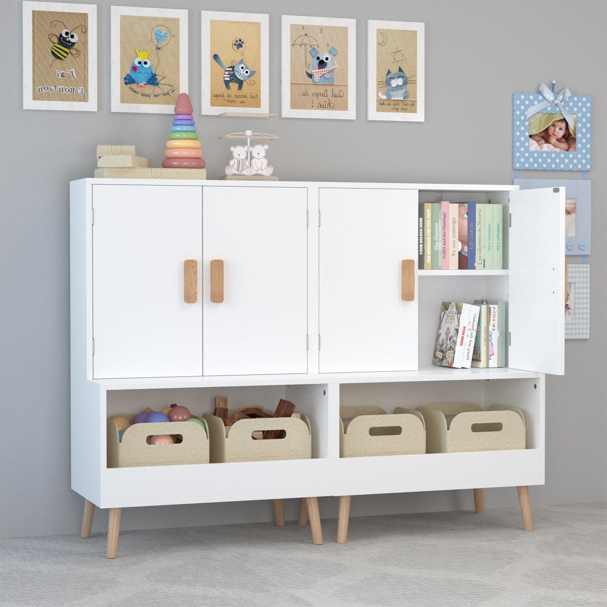 Kids Toy Storage Cabinet with Doors and Open Shelf, White Modern Wooden Organizer with Natural Wood Legs, Toddler Bookshelf for Playroom, Nursery, Bedroom