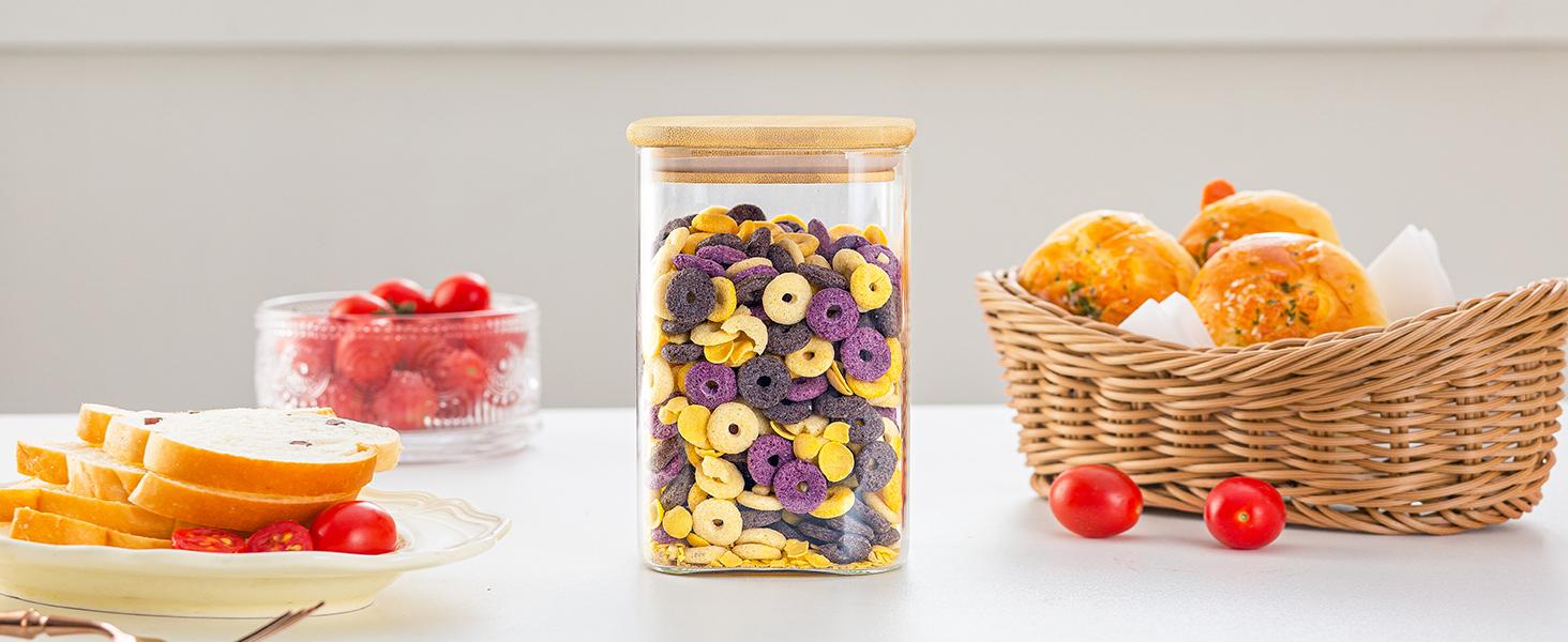 37 Oz Glass Storage Jars with Bamboo Lids - 6 Pack Clear Glass Canisters Square Airtight Stackable Ideal for Pantry Storage Containers Organizers Great for Storing Oats Coffee Beans Nuts etc
