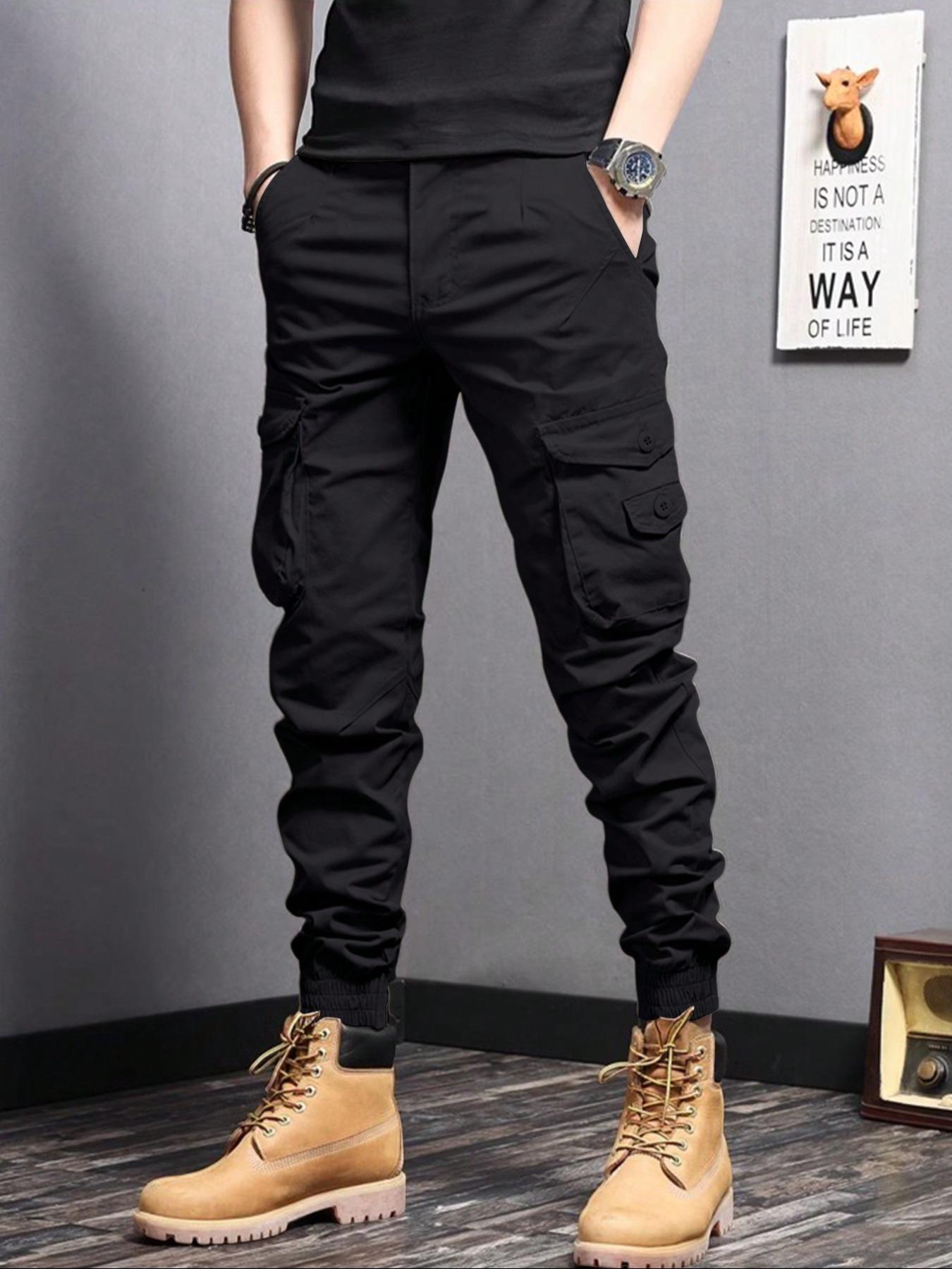 Men's Solid Pocket Cargo Pants, Loose Casual Drawstring Waist Trousers for Men, Woven Bottoms for All Seasons