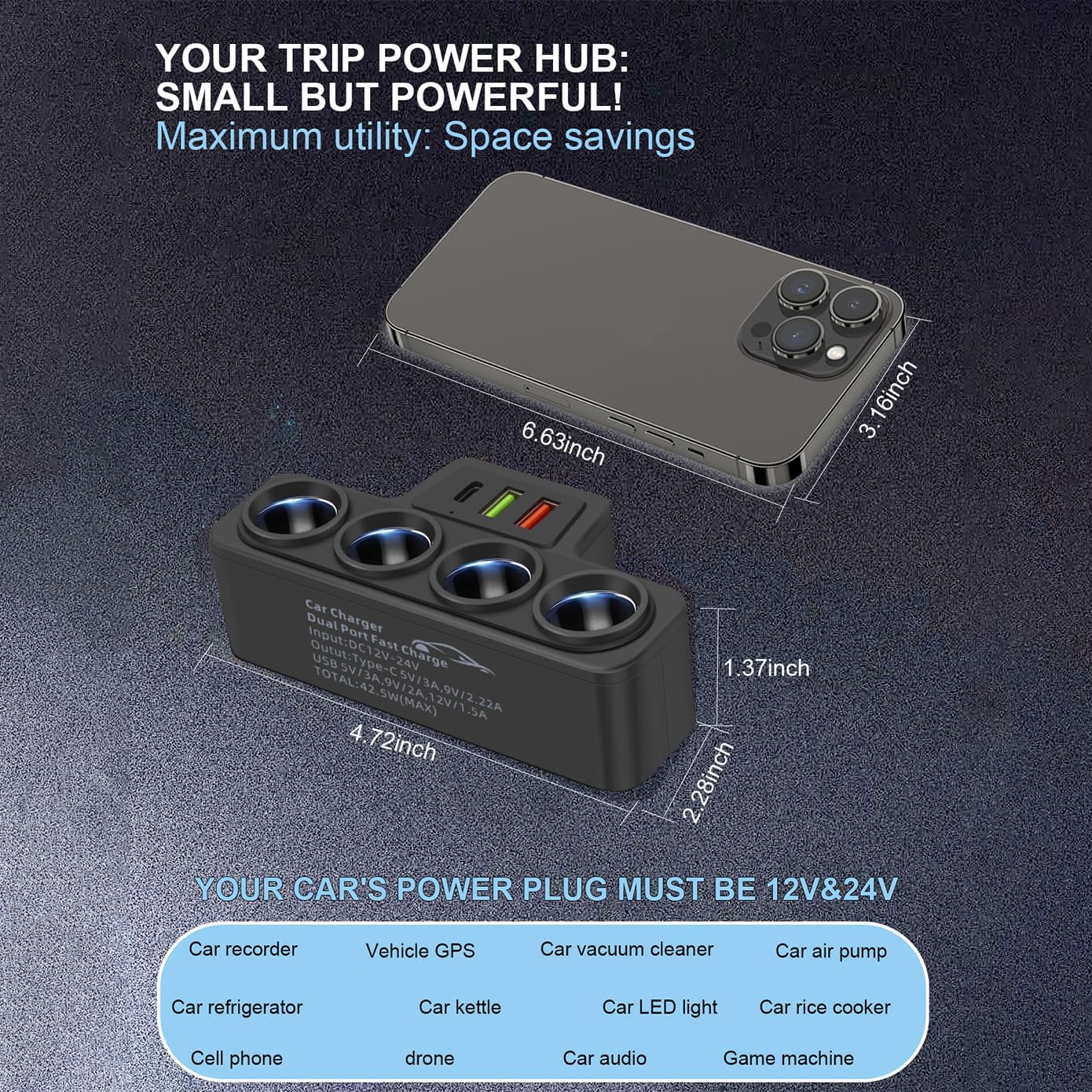 120W Multi-Function Cigarette Lighter Splitter, Cell Phone Car Charger, 4 Cigarette Lighter Sockets, 1 PD Fast Charger Port 2-Port USB Power Adapter for Cell Phones Adapter