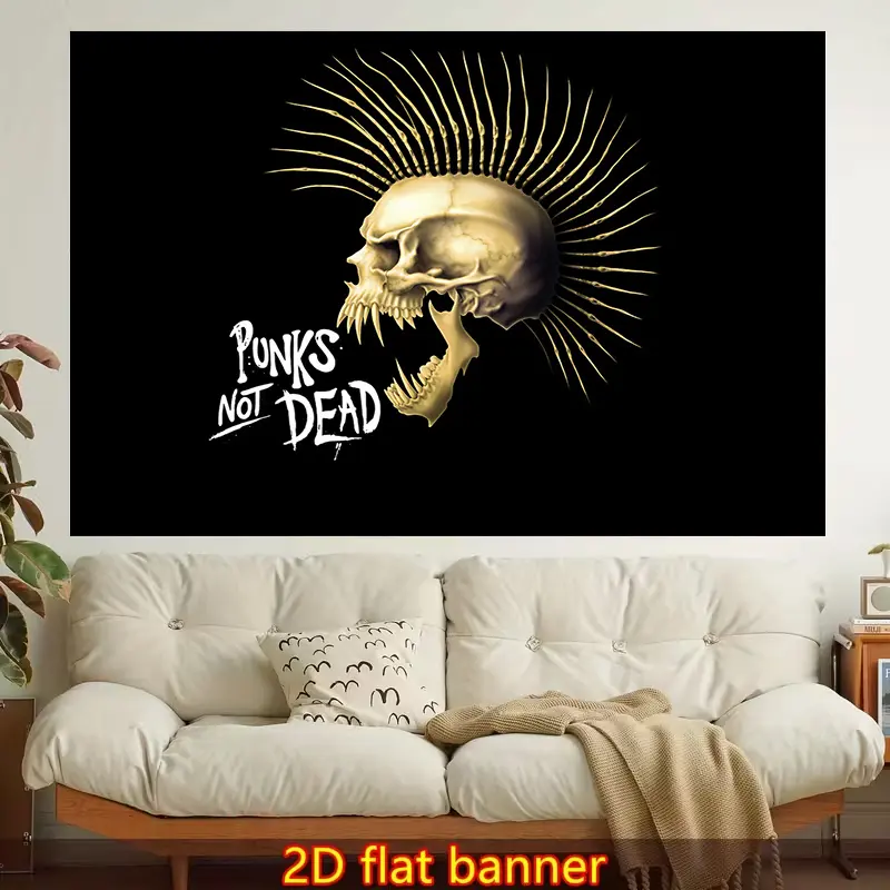 2D Flat - 2D Flat - 1pc of Large Or Small Size, a Two-Dimensional Flat Printed Wall Tapestry Featuring 'Punks Not Dead' with a Skull Sporting a Mohawk. This Artistic Design Is Perfect for Room Decoration And Party Themes in Living Rooms Or Dormitori