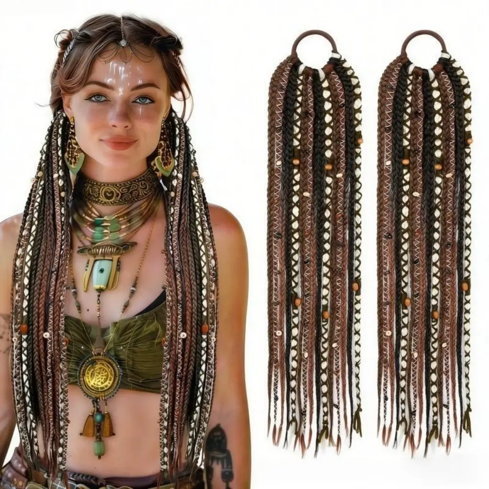 Handmade Boho Braided Ponytail Extension with Loc Beads, Bohemian Braided Hair Piece, Festival Beach Daily Fashion Hair Accessory