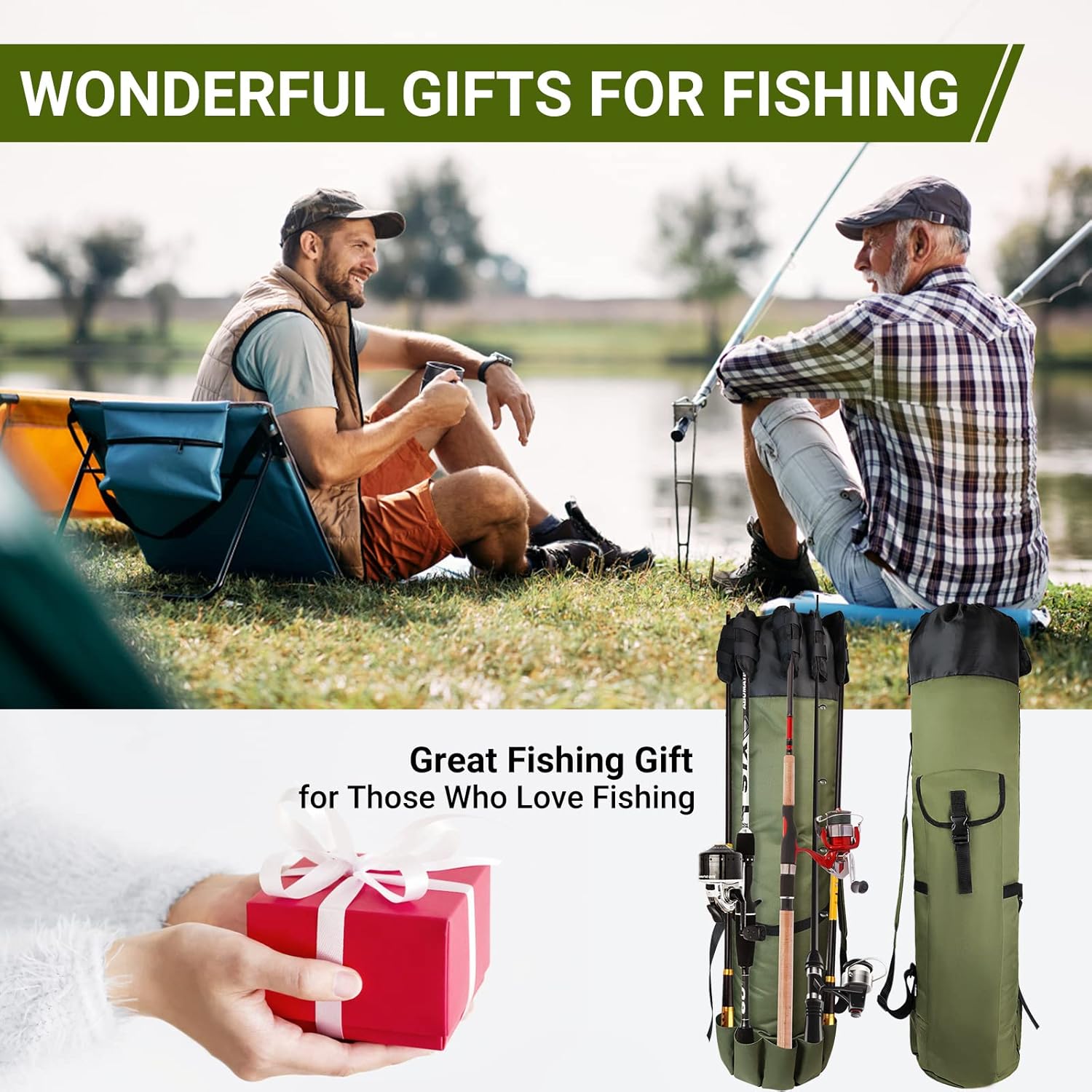 Foldable Oxford Fabric Fishing Rod Storage Bag, Portable Lightweight Outdoor Shoulder Carry Case Green for Men Fishing Gear and Baitcaster Rods