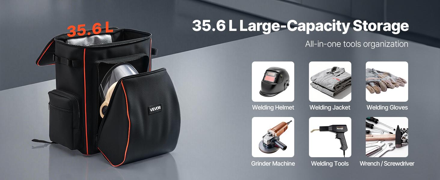 VEVOR Welding Backpack, 35.6L Welder Backpack for Tools and Helmet, 600D Polyester Extreme Gear Pack with Helmet Catch Bag, Multi-Purpose Gear Storage Bag for Welding, Outdoor Camping, Mountaineering