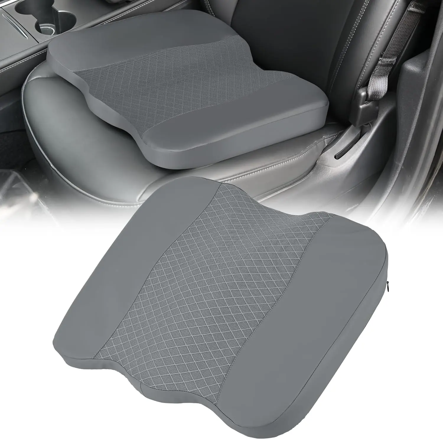 Nilight Grey Leather & Breathable Mesh Splicing Car Seat Cushion, Memory Foam with Dual Function Posture Relief, Zipper-Remove Design for Daily Driving, Sciatica & Tailbone Pain Relief, Improved Drive Visibility