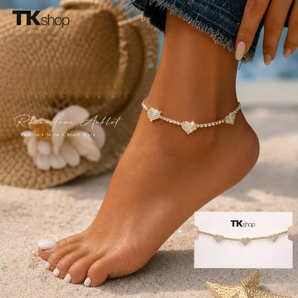 Heart Anklet, Silver-Tone Full Rhinestone Charms with Adjustable Extension, Sparkling Beach Foot Jewelry, Versatile Summer Accessory for Vacations & Daily Wear