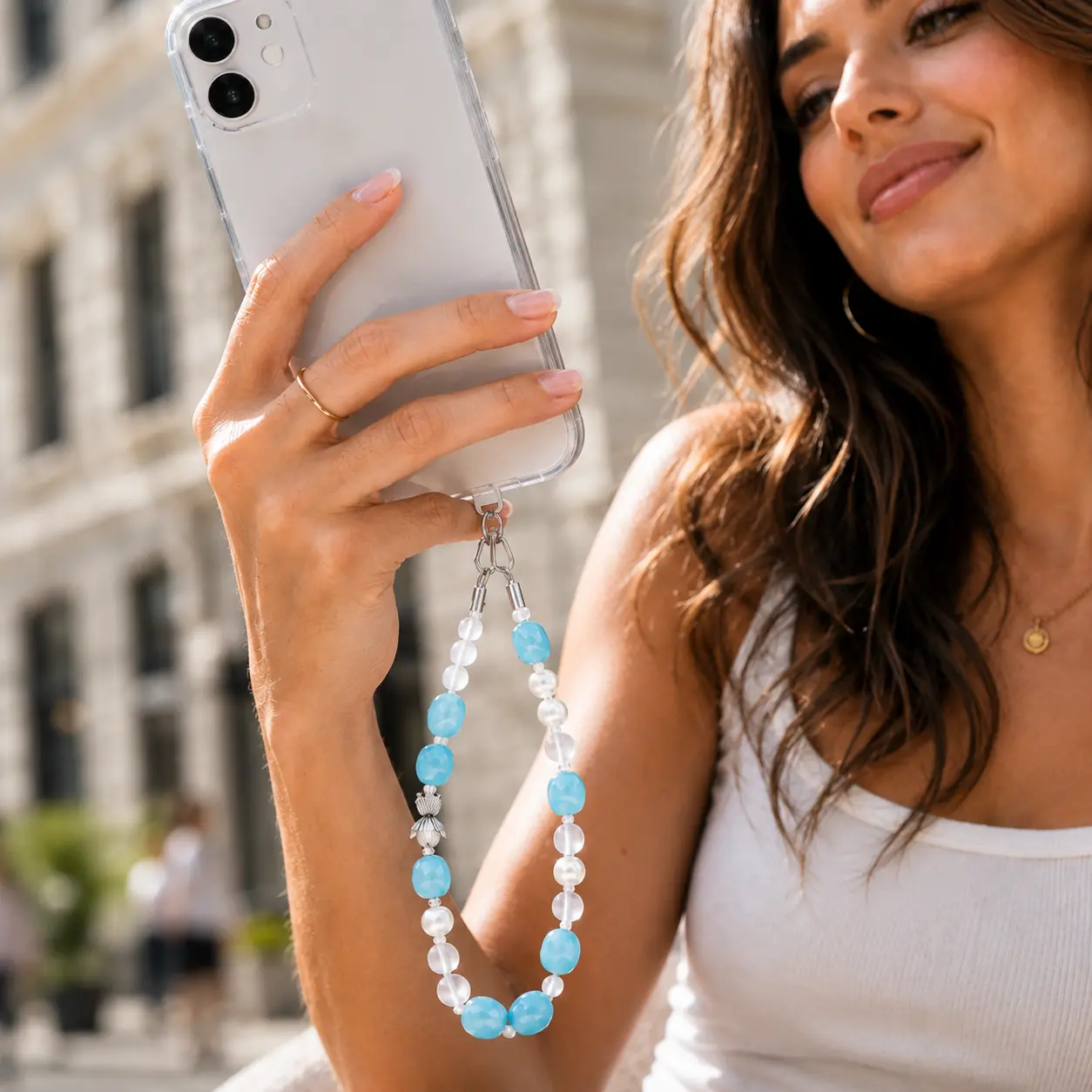 2-Pack Natural Stone Beaded Charms - Aquamarine Pendants with Pearls, Spring Clasps for Phones/Bags, Home Decor (2 pieces included), Two Pieces