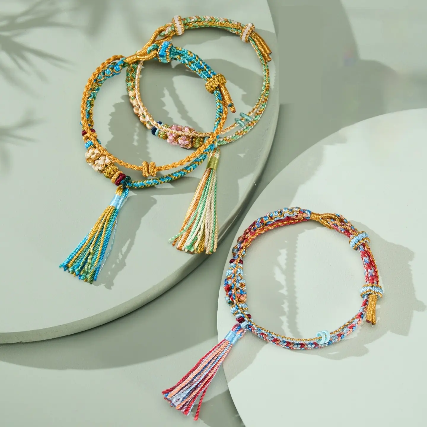 Ethnic Look Double Layer Bracelet, Handwoven Braid with Peach Blossom Knot and Tassels, Colorful String Jewelry for Festival Wear, Unisex