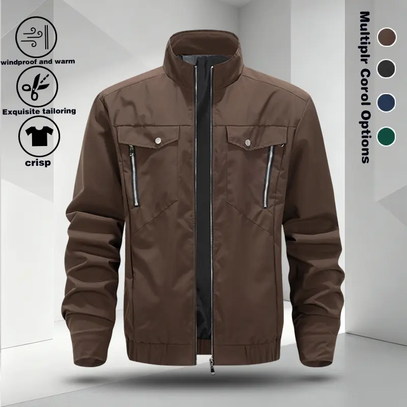 Men's multi pocket stand up collar workwear jacket, loose and versatile windproof thin jacket, double zipper pocket casual top, four-color