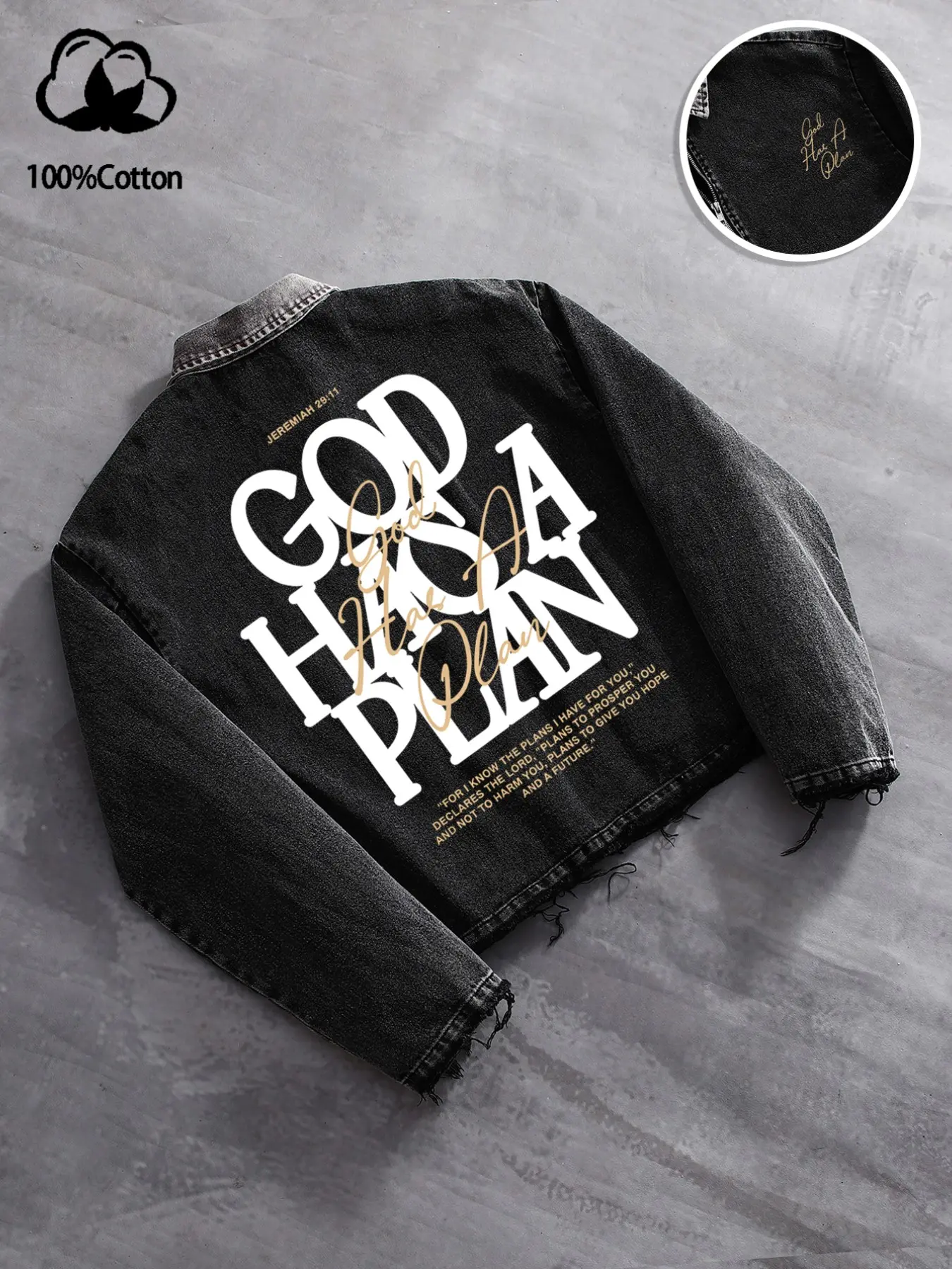 Trendy Men's Vintage Washed Short Denim Jacket, Colorblock Notch Lapel, Frayed Edge Detail, 'god Has a Plan' Print, Cotton Loose Fit, Spring Fall