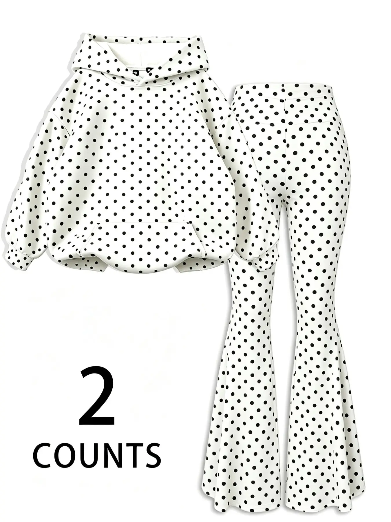 2-Piece Set Polka Dot Hoodie + High-Waisted Flare Pants, Classic Print, Vintage French Style, Casual Wear, Versatile, Outfit, Clothes