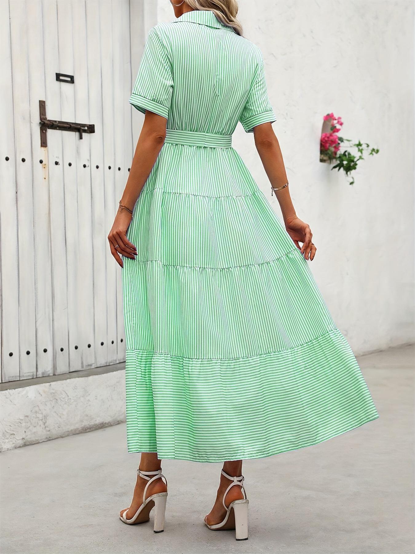 Women's Striped Print Belted, Elegant Casual  Long Dress for Summer, Women's Clothing for Daily Wear, Classy Modest Dresses