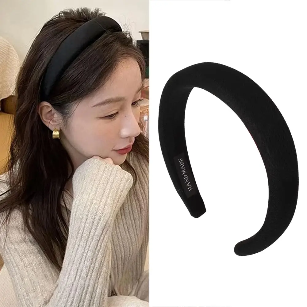 Black Padded Headband for Women - Wide, Simple, Soft Satin Hair Hoop for Girls and Teens, No  Thick  Accessory