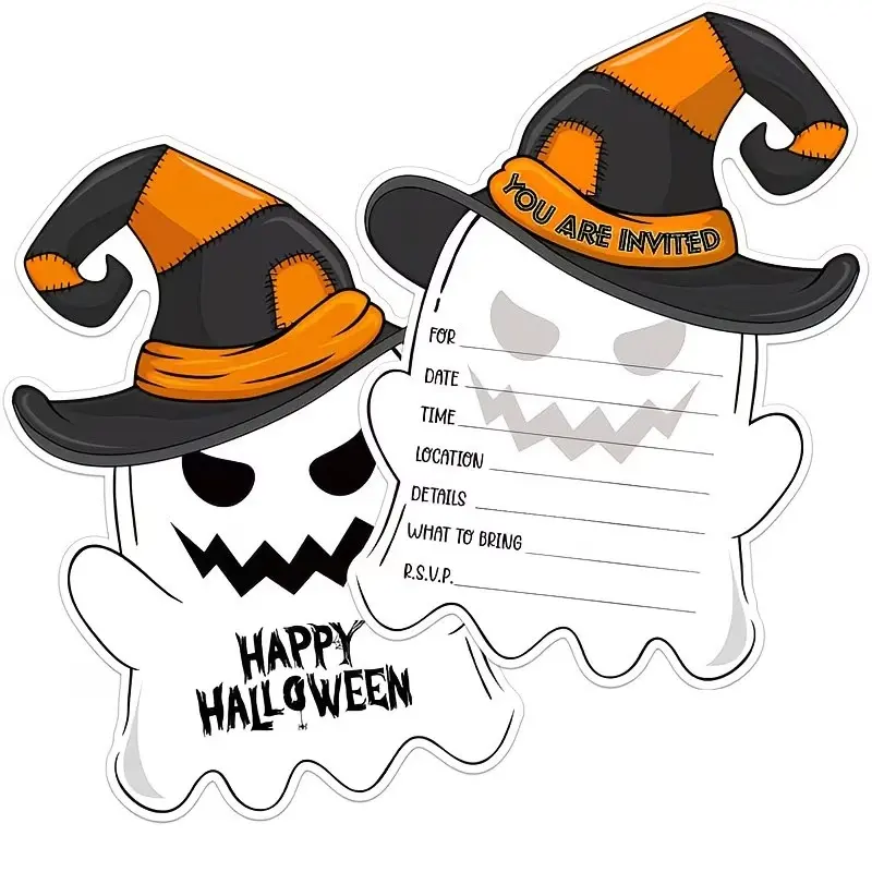 24pcs Halloween Ghost Invitation Cards with Cute Witch Hat Design, Ideal for Birthday Parties, Baby Showers, Halloween Parties, Classroom Activities and Costume Parties