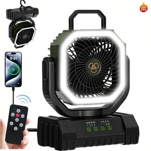 20000mAh Battery Powered Camping Fan - 59H Max Cooling, Rechargeable Battery Operated Oscillating Floor Fan with Charger, Remote & Hook, 4 Speed Strong Airflow & 3 Brightness Levels, Portable for Tent Outdoor Patio Garage Hurricane Power Outage