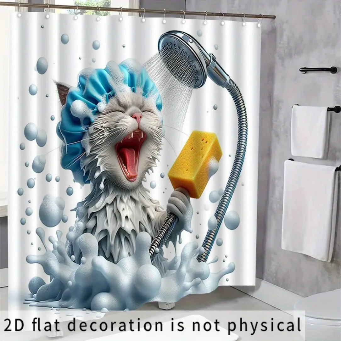 1 piece, kitten singing bath pattern shower curtain, home decoration pattern printing, compartment bathroom accessories (including 12 hooks, excluding shower curtain rod), Shower Curtain Cute