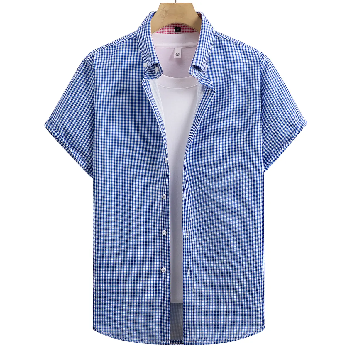 Men's Gingham Checked Shirt, Casual Short Sleeve Button Down in Lightweight Polyester, Loose Fit for Summer Vacation, Menswear, Shortsleeve, Gingham Print, Machine Wash, Tops, Checkered, Medium Length