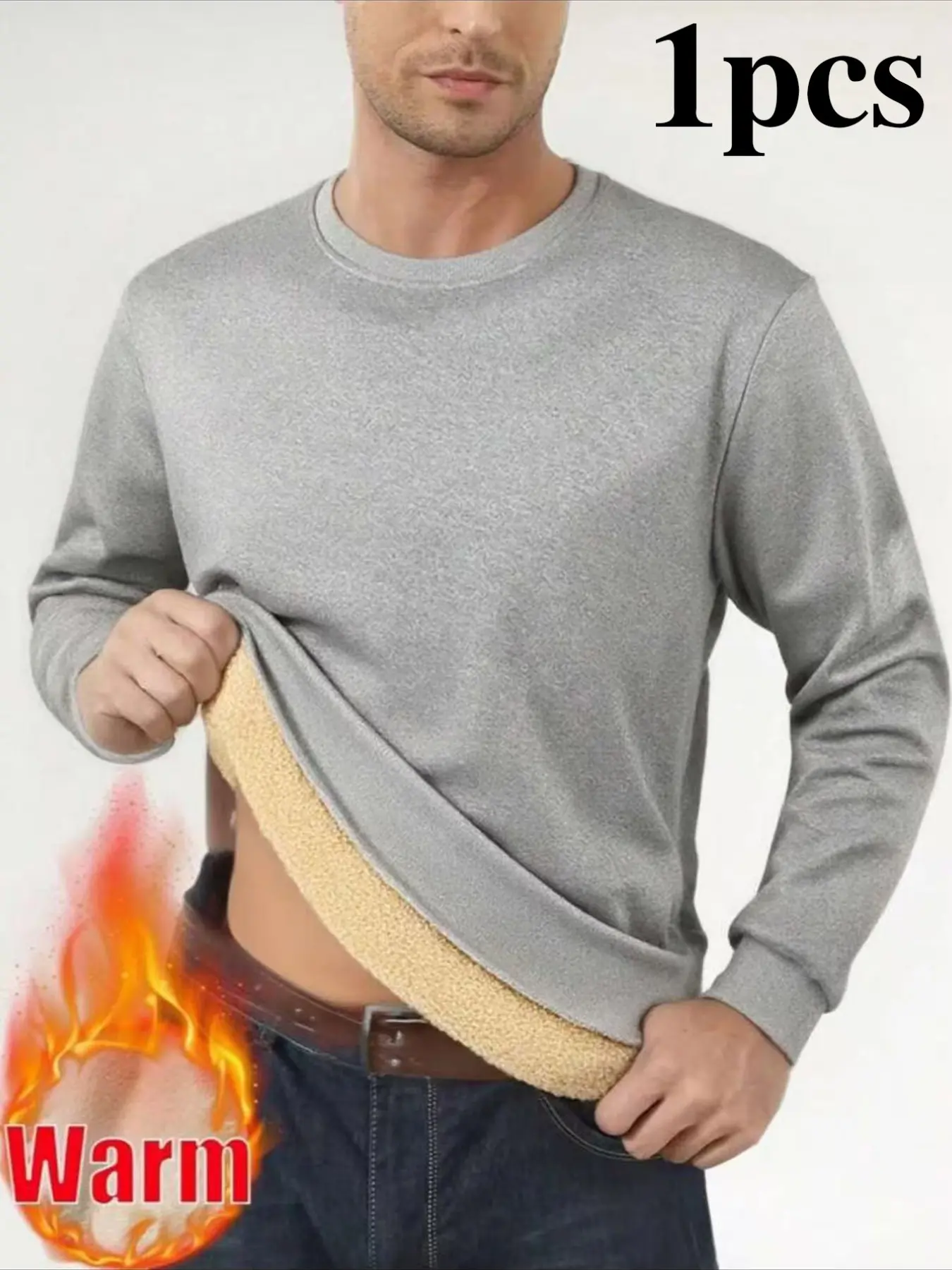 Men's Sheepskin Fleece Thick Round Neck Casual Sweatshirt, Autumn Winter Warm Inner Top, Solid Color Comfortable Cold-Proof Pullover Long Sleeve