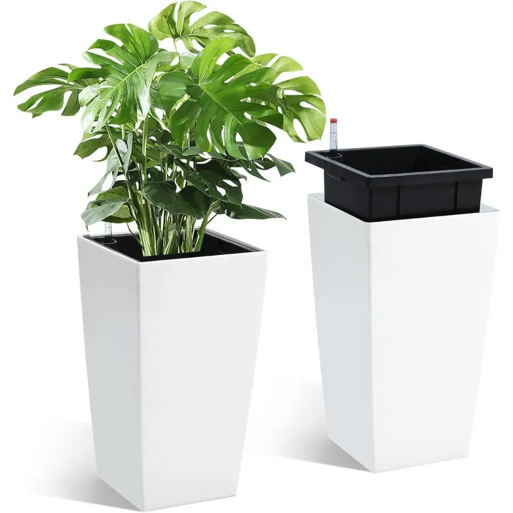16 in Tall Planters Set of 2, Outdoor / Indoor Black Planter Pots, High Front Porch Planter Pots with Drainage Holes and Water Level Monitor and Inner Bucket, Automatic Watering,White