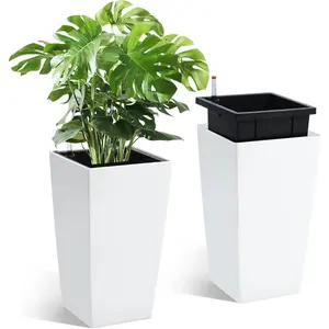 16 in Tall Planters Set of 2, Outdoor / Indoor Black Planter Pots, High Front Porch Planter Pots with Drainage Holes and Water Level Monitor and Inner Bucket, Automatic Watering,White