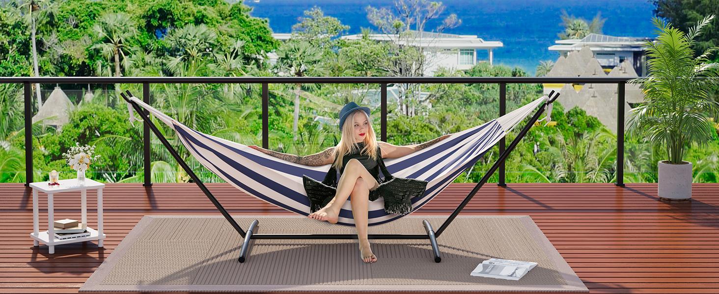 Double Hammock with Stand  Combo Heavy Duty 450lbs Capacity, Portable Cotton Hammock for Two Adults, Indoor & Outdoor Use with Travel Bag, Blue&White Stripe Pattern