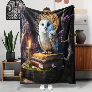 1Pc Vintage Owl Pattern Flannel Blanket - Mystical Forest Design, All-Season Throw For Sofa, Camping, Travel - Hypoallergenic, Tear-Resistant, Gift For Family And Friends