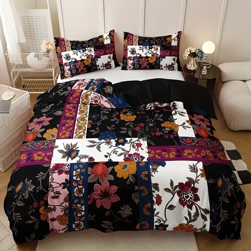 Patchwork Floral Print Duvet Cover Set, 1 Duvet + 2 Pillowcases, High-Definition Printing, Soft Comfortable Bedding, Gift for Family and Friends