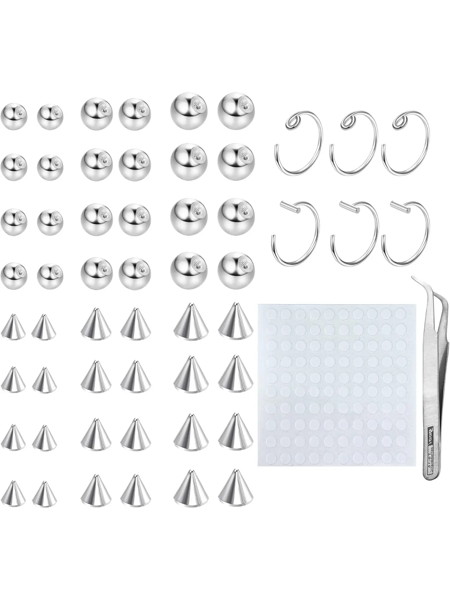 100Pcs Non-Piercing Fake Body Piercing Stickers, Fake Eyebrow Lip Labret Nose Hoop Rings, Spike & Replacement Balls in 3MM 4MM 5MM, Ideal for Festival Party Punk Daily Wear