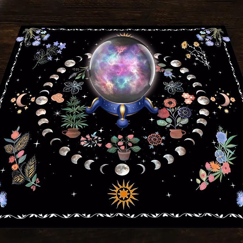 Ramadan Decorations Moon & Flower Pattern Tablecloth for Home Decor, Picnic Table Cover, 1 Count Eid Mubarak Decor Square Tarot Tablecloths, Kitchen Accessories Card Pad, Dressers Desktop Decorations, Moon Phases, Floral Designs