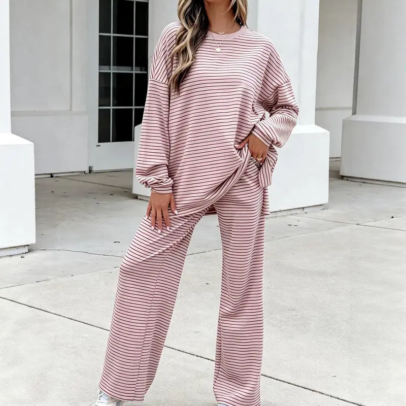Women's Striped 2 Piece Lounge Set Oversized Crewneck Pullover Sweatshirt Wide Leg Pants Matching Sweatsuit Casual Comfy Fall Outfit  Airport Travel Everyday Trendy Clothes Tracksuit