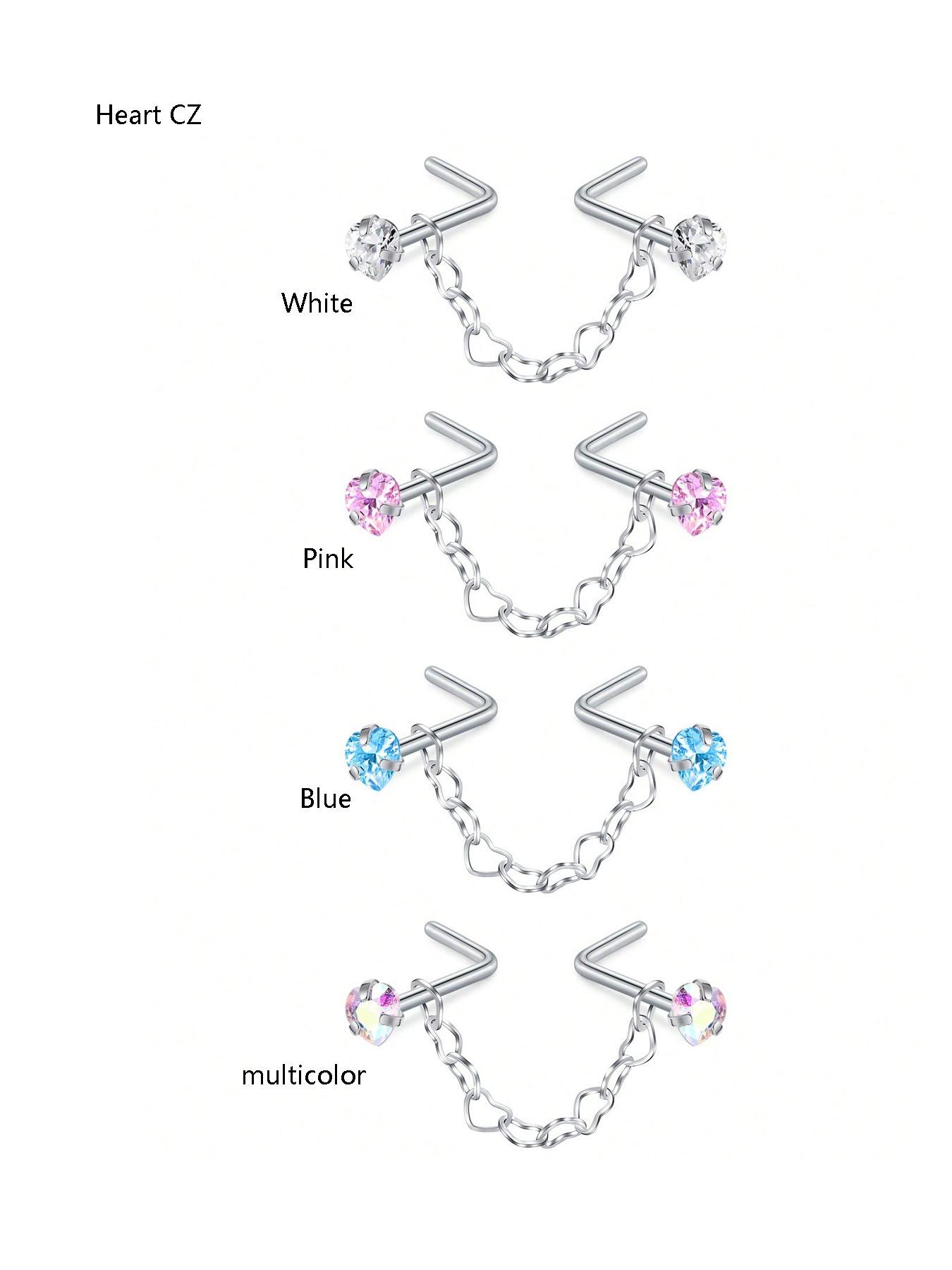 Fashion Stainless Steel Nose Ring with Chain, Cubic Zirconia Heart Design, Synthetic Zircon L-Shaped Piercing Jewelry
