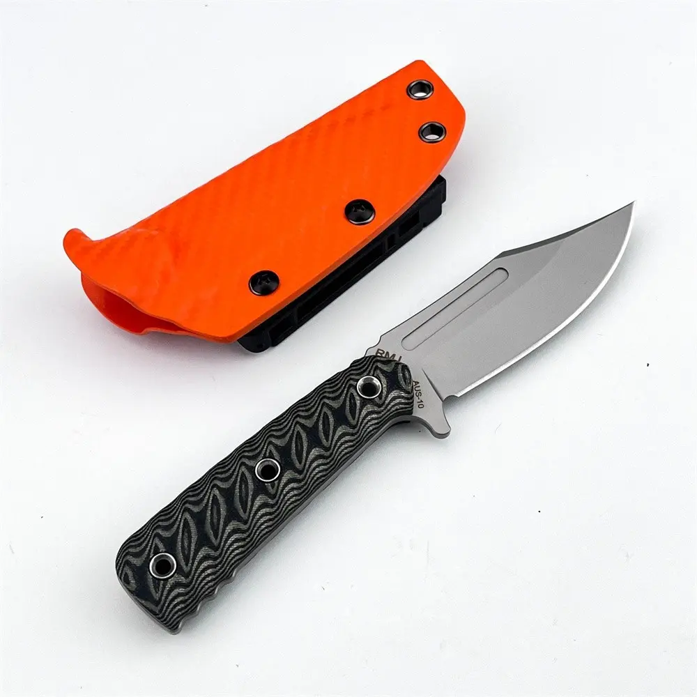 Real outdoor hunting knife, Outdoor Edc Tools, with 8Cr14Mov steel blade, black and gray wave-patterned composite G10 handle, orange formed K sheath, suitable for camping hunting, hiking exploration, and carry-on EDC emergency situations