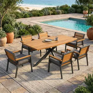 Aobtkel®Christopher Knight Home® Modern 7-Piece Dining Set, Acacia Wood with Iron Frame, 6 Chairs with Dual-Layer Iron & Wood Seat Frame and Detachable Cushions, Outdoor/Indoor Furniture for Patio and Garden, Gray