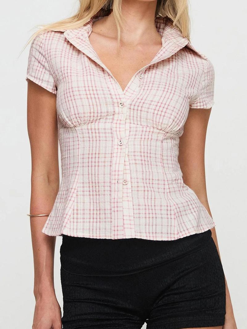 Women's Plaid Blouse Casual Button Front Slim-fitting Short Sleeve Collar Top for Summer, Women's Clothes for Daily Wear