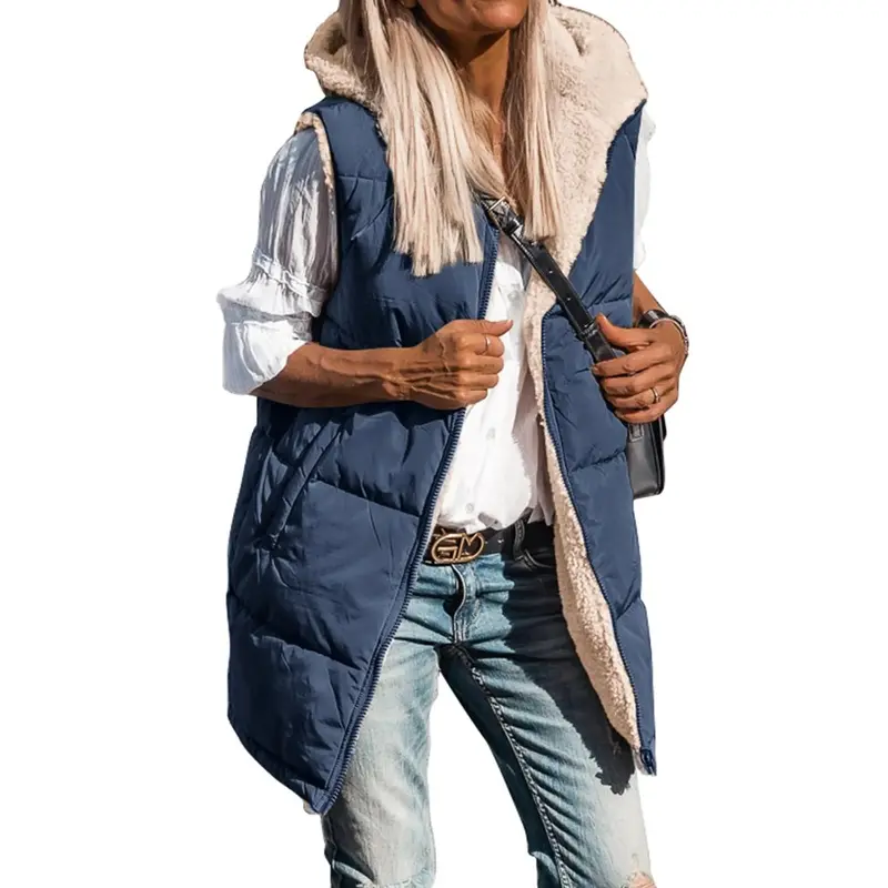 Women's Casual Quilted Long Puffer Vest - Puffer Gilet, Sleeveless, Attached Hood, Reversible, Zip-Up, Fleece Sherpa Lined, Machine Washable Fall Winter Tops Outerwear