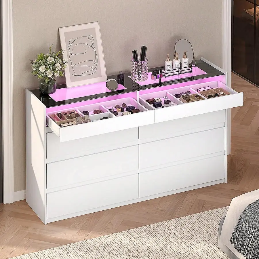 8 Drawers Closet Island With Tempered Glass, Walk In Closet Island & Bedroom Island, Dresser With Jewelry Storage On Top For Bedroom, Closet, Cloakroom, White