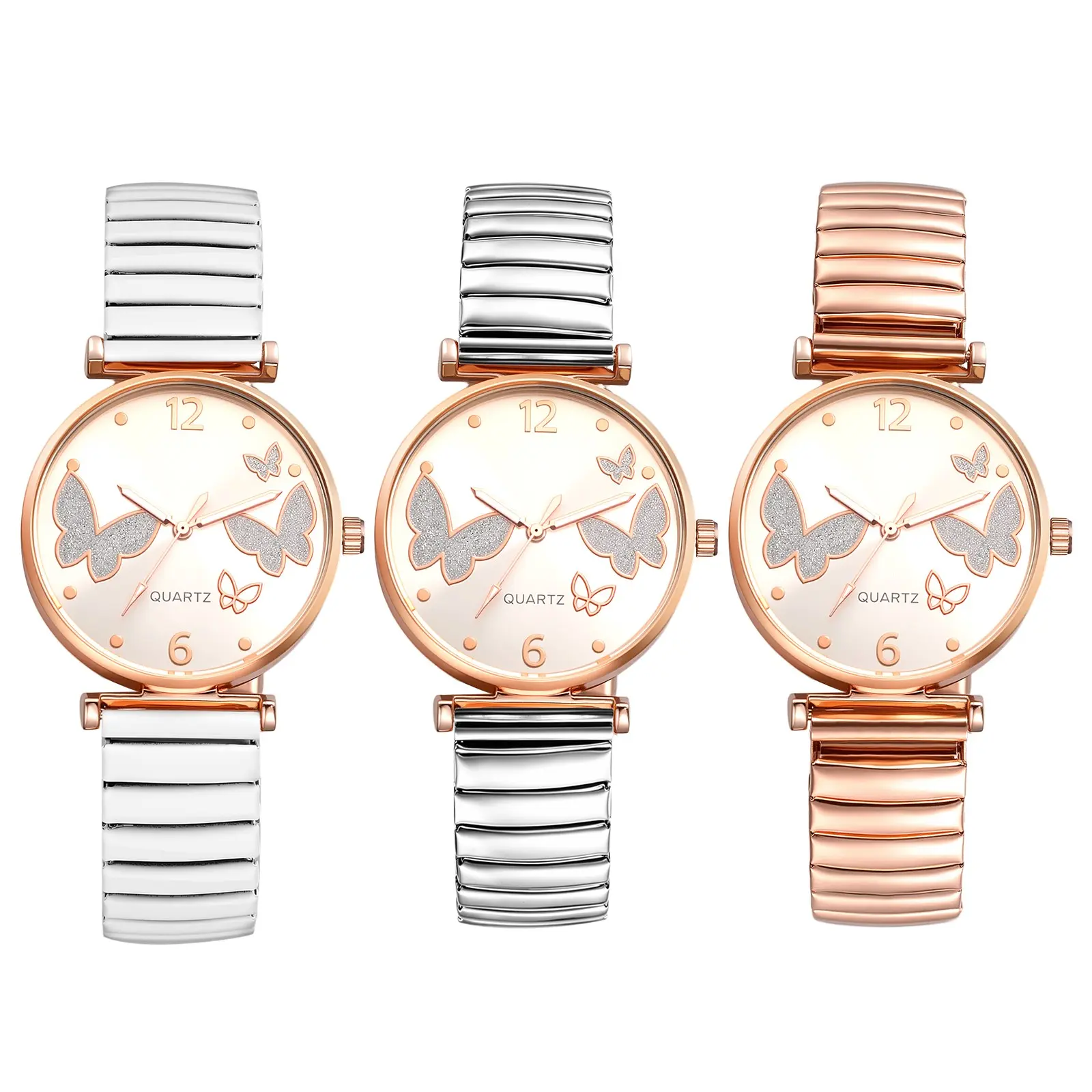 Women's Vintage Butterfly Stainless Steel Stretch-Strap Shock-Resistant Quartz Wrist Watch, Dainty Gift for Ladies