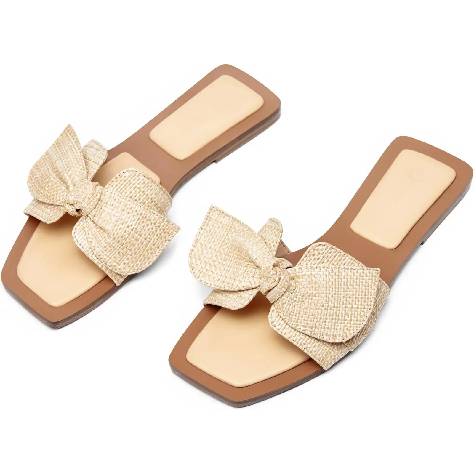 Coutgo Bow Sandals For Women Dressy Cute Flat Sandals Square Toe Slides | Slip On Shoes, Cute Bow Knot, Open Toe Comfortable Flats, Non-Slip, Summer, Beach, Versatile, Daily Wear