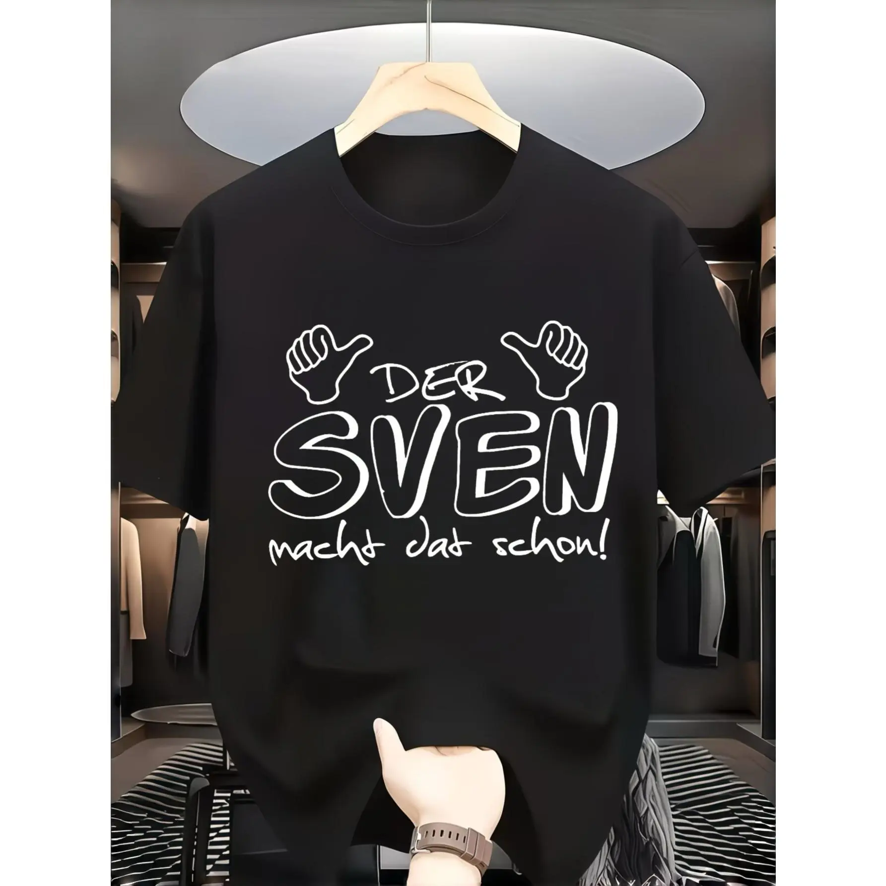 Casual Streetwear Style, Men's T-Shirt, Der Sven Macht Dat Schon Graphic Print With Hand Gestures, Summer Daily Wear Or Party, Gift For Friends Named Sven Or German Culture Enthusiasts