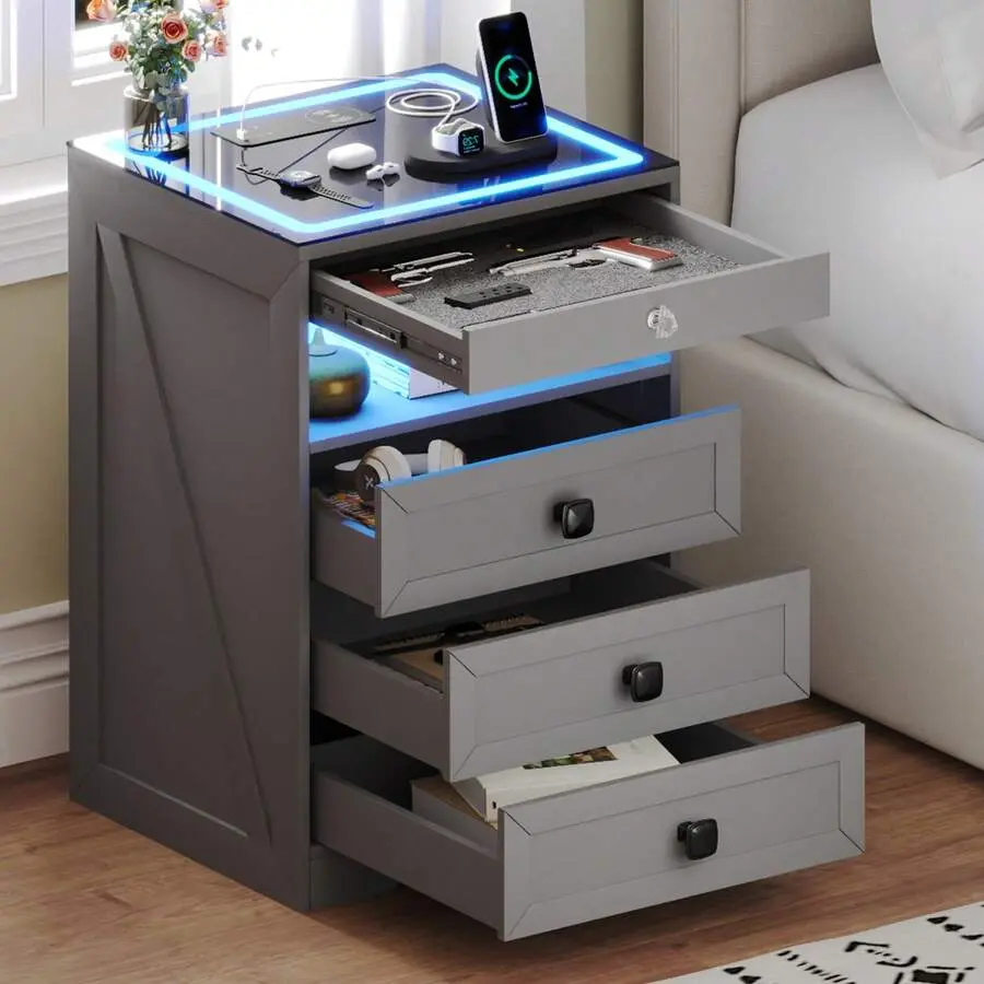 Nightstand With Lockable Gun Drawer,Farmhouse Bedside Table With Charging Station And 3 LED Lights, Modern Night Stand With 3 Drawers,Glass Top End Side Table For Bedroom,Adjustable,Mobile,Standing,entryway,gaming,desk,office,,affordable,din,living,space,
