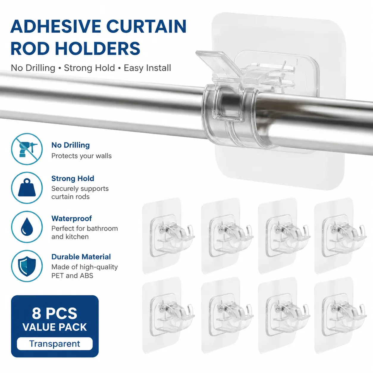 Heavy-Duty Self-Adhesive Curtain Rod Brackets – 8-Piece Nail-Free, Drill-Free Adjustable Mounting Kit for Drapery, Towels, Shower Curtains, and Window Treatments in Home, Bathroom, Kitchen, and Hospitality Settings