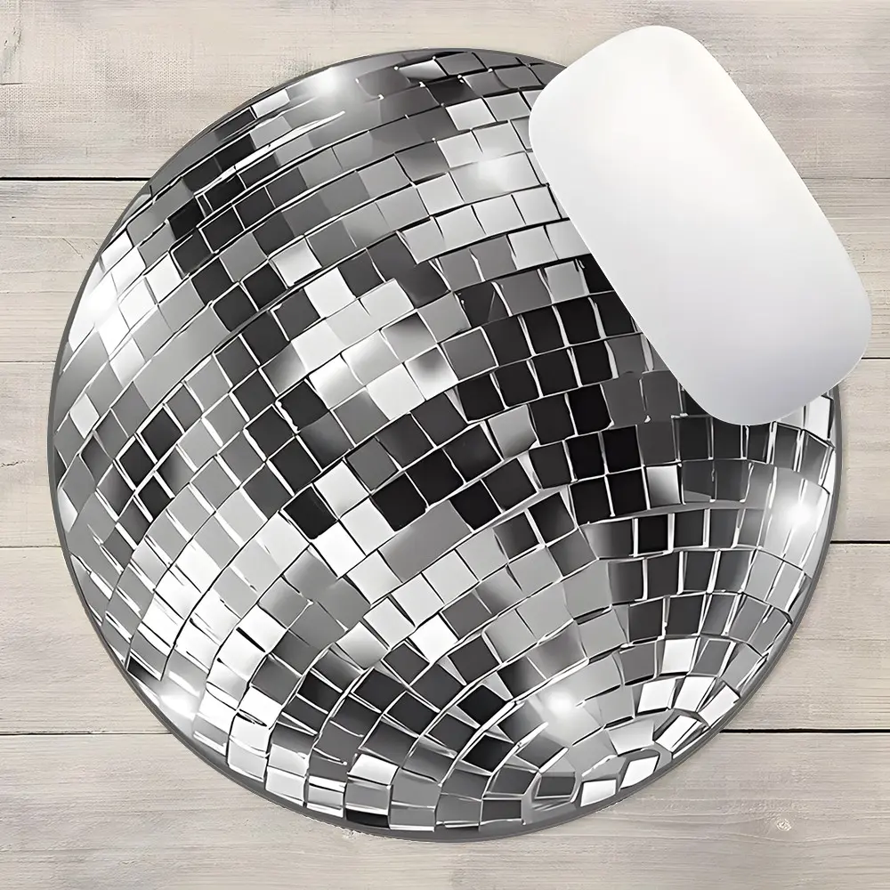 Silver Disco Mirror Ball Round Mouse Pad, Retro Sparkly Glitter Tile Disco Ball Circular Mousepad, Non Slip Rubber Base Smooth Cloth Small Mouse Mat for Laptop PC Gaming Home Office Party Music Lover Desktop Decor