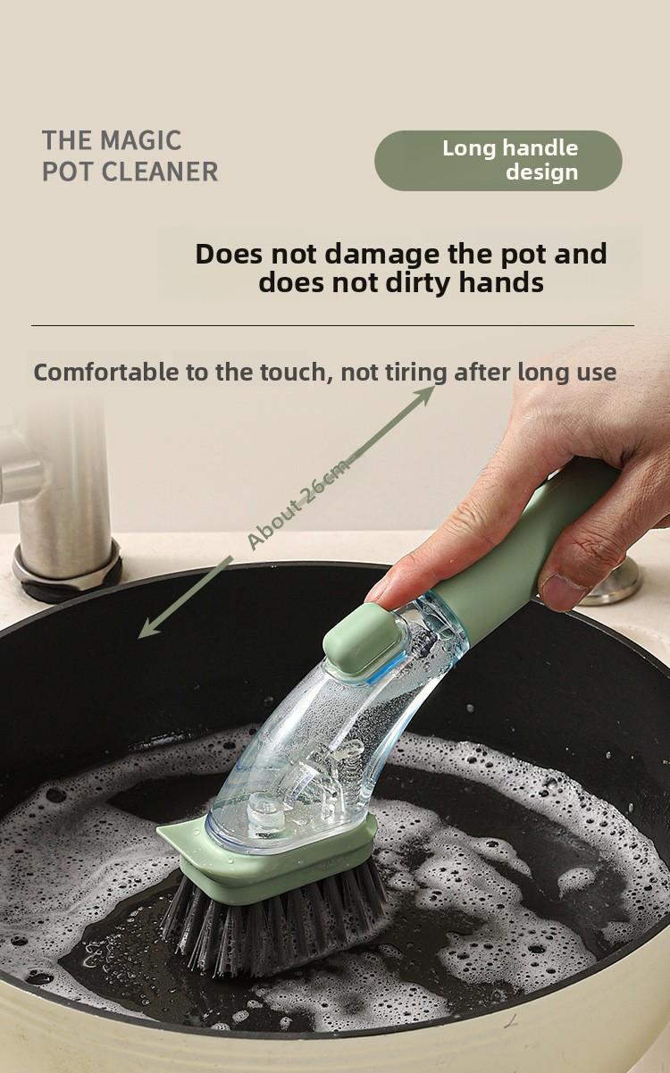Long Handle Dish Brush Automatic Liquid Dispensing Scrubber Kitchen Stainless Steel Wire Cleaning Brush for Pots and Pans